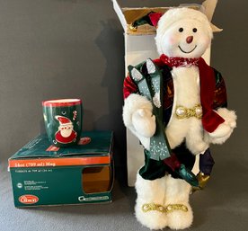 Adorable Fiber Optic Snowman (tested) & NIB Gibson Christmas Mugs