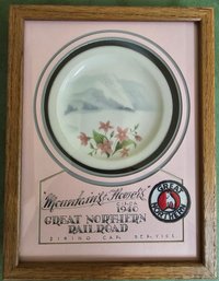 Mountains & Flowers Great Northern Railroad Dining Car Service Plate In Wooden Shadow Box