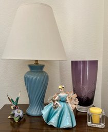 Home Decor Incl Blue Ceramic Lamp, Ceramic Princess, Ceramic Hummingbird, Purple Glass Vase & Candle Holder