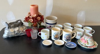 Lot Of Misc Kitchenware Incl Stoneware Crock, Mugs, Candle Votives & More