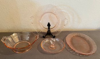 Pink Depression Glass Kitchenware Incl Bowl, Platter, Candy Dish & More