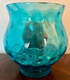 Blue Glass Vase With Glass Rocks & Candle