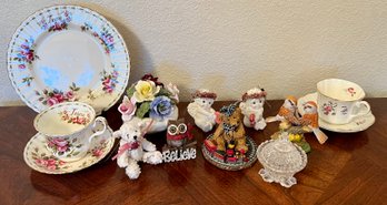 Misc China Pieces Incl Plate, Saucers, Cup, Cats & More