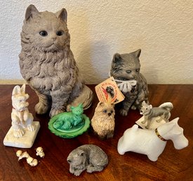 Mt St Hellen's Cat Sculpture, Milk Glass Dogs & Other Cat/dog Figurines Incl Trinket Box