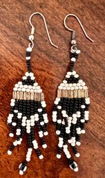 Hand Made White & Black Beaded Dangly Earrings