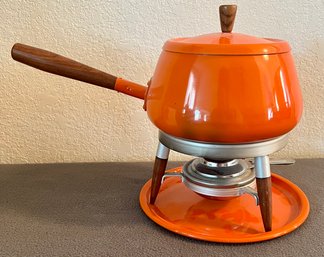 Orange Metal Fondue Pot With Wooden Legs/handle Marked Japan