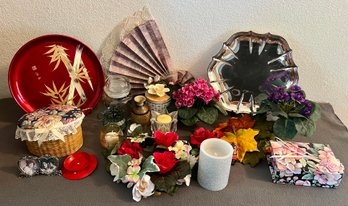 Misc Lot Of Home Decor Incl 2 Decorative Plates, Candle Votives, Faux Flowers, Paper Weight & More