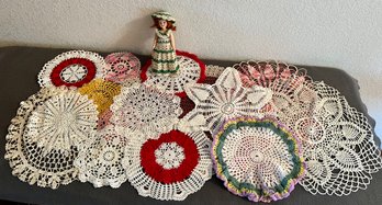 Lot Of Various Size Crochet Doilies, Placemat & Small Doll With Crochet Outfit