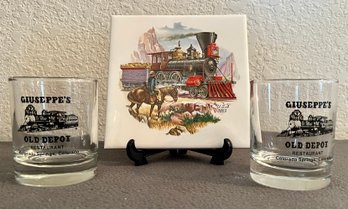 2 Giuseppe's Old Depot Glasses & Train Hotplate