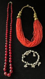 Red Opaque Seed Bead Multi Strand Necklace Attached To Metal (possibly Brass)