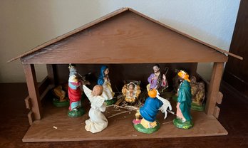 Handmade Nativity Set With Ceramic Angel & Other Plastic Figurines