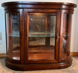 Small Curio Cabinet With Glass Panel Doors, Parquet Top, Lighted Interior & Dark Wood Finish