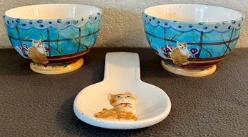 2 Cat Theme Ceramic Bowls By Certified International Corporation & Ceramic Cat Spoon Rest