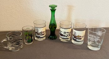 Misc Glass Kitchenware Lot Infl Currier Of Ives Glasses, Green Glass Decanter & More