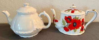 2 Teapots Incl 1 White Ceramic & 1 Red Poppy Flower Design By Grace's Teaware