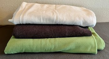 3 Blankets Incl Green Fleece And White & Brown Cotton