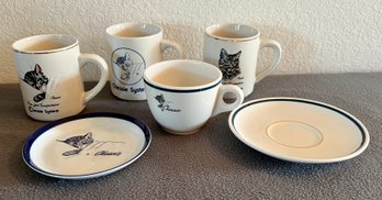 Lot Of Cat Theme Ceramic Mugs & Small Plates