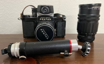 Vintage Collectors Black Honeywell Pentax Camera With 1.8/55mm Lens & Tiffen Lens, & Black Leather Bag