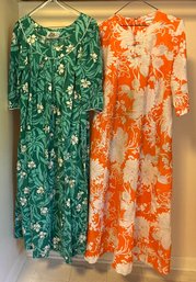 2 Beautiful Hawaiian Muumuus (orange And Aqua With White Flowers)