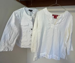 Cute White Tops For Summer: White Gloria Vanderbilt Linen Shirt And Roz & Ally White Jacket W Silver Buttons