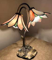 Pink & Green Lilly Stained Glass Lamp W Lilly Pad Brass Base