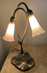 Beautiful Lilly Pad Brass & Glass Blown Double Pink Flute Lamp W A Dimmer Switch