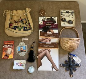 Home Decor Lot Including New Hose, Reading Glasses, Wall Basket And Purse