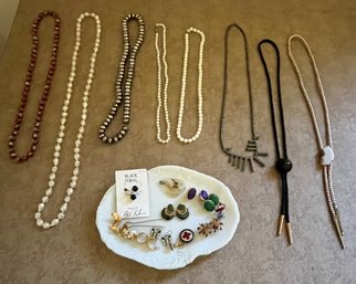 Lot Of Jewelry Including Necklaces, Bolos And Earrings W Milk White Plate