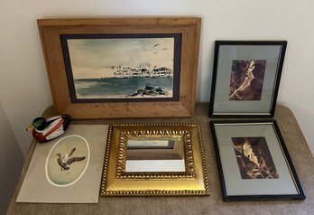 Artwork Set Including Framed Pictures, Seaside Water Color Painting In Wooden Frame, Mirror, And Wooden Duck