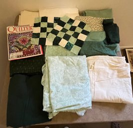 Lot Of Fabric Scraps With Some Completed Pieces & A Quilting Magazine