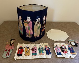 Beautiful Vintage Asian Silk & Paper Waste Basket And  Asian Figurines /Puppet Art