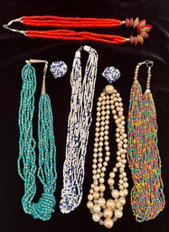 An Assortment Of Vintage Beaded Necklaces With One Faux Pearl Necklace