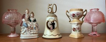 Classic Ceramic Occupied Japan Figurine And An Austrian Vase Along With Plastic Enesco 50th Anniversary Bell