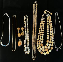 A Collection Of Vintage Costume Jewelry Incl. Enamel And Gold Accent Hand-painted Shell Pendant And Monet