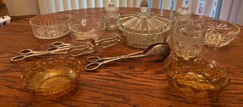 Glass Dishes And Silver Plated Serving Tools