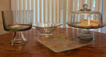 Large Glass Serving Dishes Incl. Cake Plate, Trifle Dish, Bowl And Painted Serving Plate