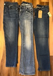 3 Pairs Of Ladies Jeans Suki High Boot Silvers, NWT Lucky Brand Sweet Straight, American Eagle Button Up