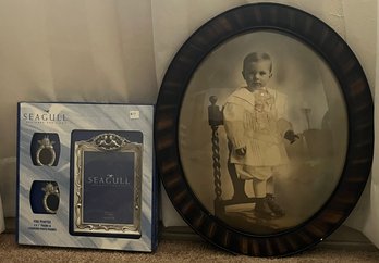 Lovely Old Photo Of A Child In A Bubble Glass Frame W/ Set Of New Pewter Angel Frames