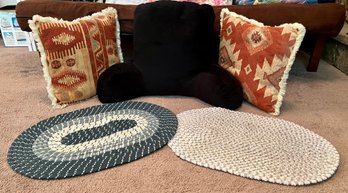 Native Design Throw Pillows, Black Fleece Reading Pillow And Small Braided Rugs