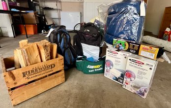 Outdoor Fun Lot Of Rolling Backpacks, Sleeping Bag , Pair Of Heat Demons, Firewood & More