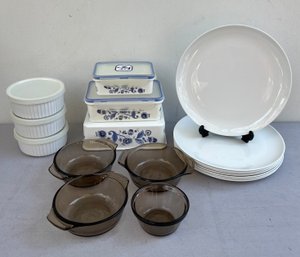 Kitchenware Lot Incl Plates, Progressive 10oz Dishes, Ovenware Glass Dishes & Blue Floral Plastic Containers