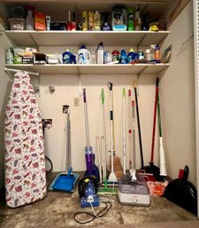 Nice Lot Of Laundry & Cleaning Supplies, Incl. Mini Shark Vac, Ironing Board, Humidifier & More