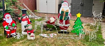 Lot Of Out Door Lighted & Unlit Christmas Decorations Incl. Tin Santa, Lighted Reindeer & Sleigh & More