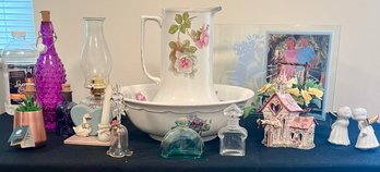 Nice Lot Of Bric-a-brac Incl. Pitcher & Basin, Oil Lamp, Ceramic Church & More