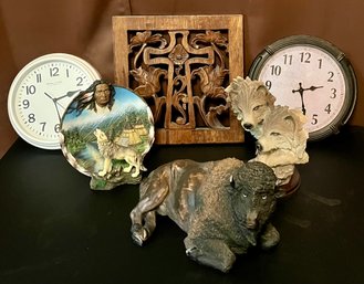 Western Themed Resin Pieces, Wooden Cross Wall Hanging, & 2 Wall Clocks