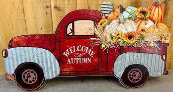 Welcome Autumn Tin And Wood Truck Decor On An Easel Stand