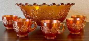 Vintage Marigold Fenton Carnival Glass Punchbowl Set With 5 Punch Cups