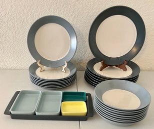 24 Pc Blue Plate & Bowl Set By Dansk & A Divided Serving Tray W Ceramic Dishes