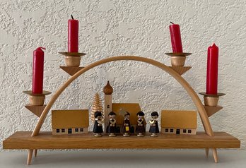 Wooden Christmas Carolers & Candelabra Mantel Decor With Red Candles