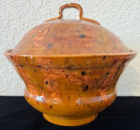 Hand Made Pottery Lidded Bowl With Speckled Orange Glaze